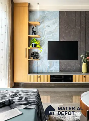 Modern living room with blue marble laminate TV unit, dark stone laminate panels, and light oak wood cabinetry of 3 BHK apartment in Alpine Fiesta Whitefield Bengaluru
