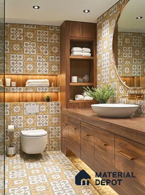 Modern bathroom with patterned yellow and grey tiles and walnut wood vanity
