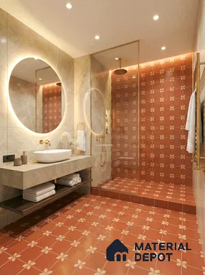 Modern bathroom with terracotta floral patterned floor and wall tiles and beige marble wall tiles