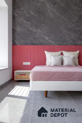 Minimalist bedroom with grey marble wall, pink fluted panel, and terrazzo floor tile