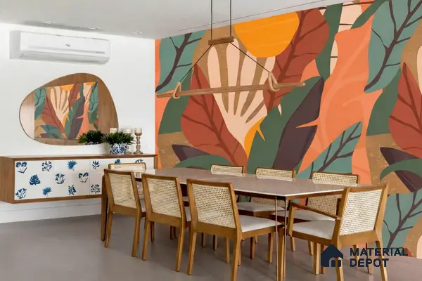 Eclectic dining room with tropical abstract wallpaper and natural wood cane chairs