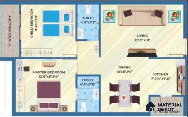 Modern apartment floor plan with light wood flooring and neutral palette
