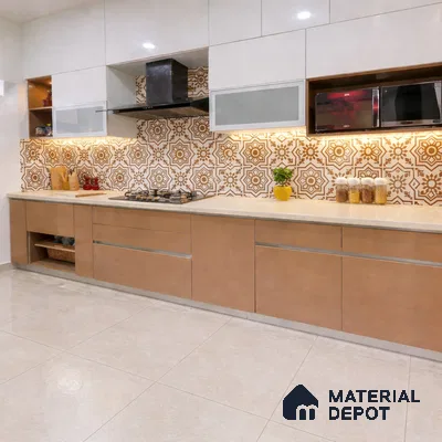 Modern kitchen with beige laminate cabinets, white quartz countertop, and brown geometric patterned backsplash tiles