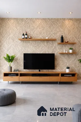 Modern TV unit with light oak laminate, beige patterned wallpaper, and grey vitrified floor tiles