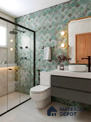 Modern bathroom with green geometric wall tiles and white quartz countertop