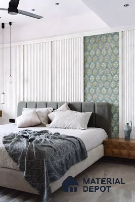 Modern bedroom with white fluted wall panels, floral patterned wallpaper, and marble floor tiles