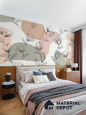 Scandinavian bedroom with floral patterned wallpaper and light wood paneling