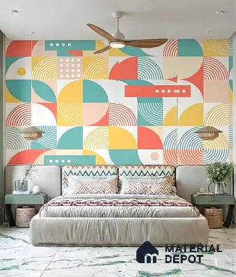 Art Deco bedroom with geometric patterned wallpaper and marble floor tiles