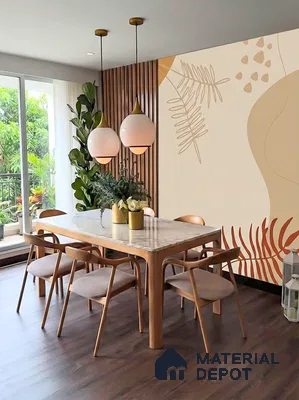 Scandinavian dining room with marble tabletop, wooden chairs, abstract wallpaper, and vertical wood louvers