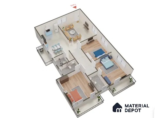 Modern 3BHK apartment layout with wood flooring, white tile, and open plan living and dining