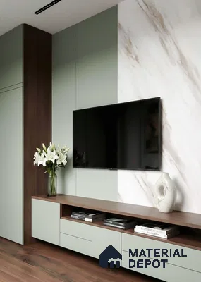 Modern TV unit with sage green laminate, walnut wood laminate, and white marble-look laminate wall panel