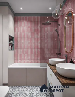 Modern bathroom with pink kitkat subway wall tiles and patterned grey floor tiles of 4 BHK apartment in Aparna Elina Yeshwanthpur in Bengaluru