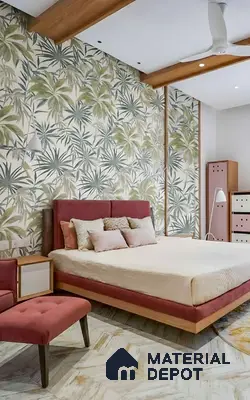 Eclectic bedroom with tropical wallpaper, blush pink suede upholstery, and herringbone wood-look floor tile of 4 BHK apartment in Aparna Elina Yeshwanthpur in Bengaluru