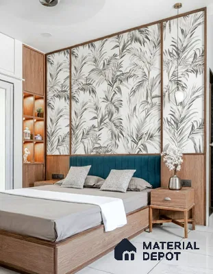 Scandinavian bedroom with botanical wallpaper, oak wood laminate bed, and teal upholstered headboard of 4 BHK apartment in Aparna Elina Yeshwanthpur in Bengaluru