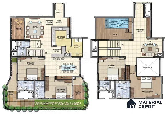 Modern duplex house floor plan with open living, dining, kitchen, and multiple bedrooms of 4 BHK apartment in Aparna Elina Yeshwanthpur in Bengaluru