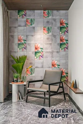 Modern balcony with floral patterned wall tiles and grey marble floor tile of 4 BHK apartment in Aparna Elina Yeshwanthpur in Bengaluru