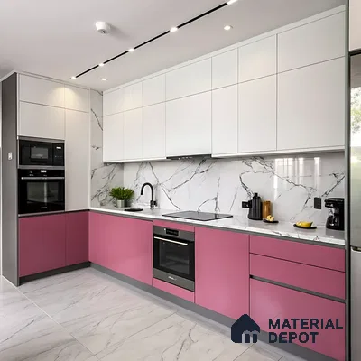 Modern dual tone kitchen with pink and white laminate, marble-look backsplash, and marble floor tiles of 4 BHK apartment in Aparna Elina Yeshwanthpur in Bengaluru