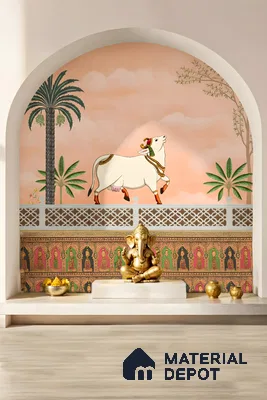 Traditional pooja room with pichwai wallpaper, decorative jali panel, and gold accents of 4 BHK apartment in Aparna Elina Yeshwanthpur in Bengaluru