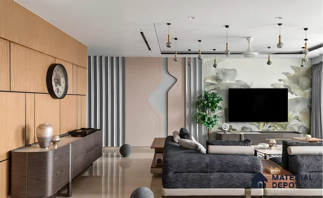 Modern living room with oak wood laminate wall panels, abstract beige 3D wall panels, and tropical wallpaper accent of 4 BHK apartment in Aparna Elina Yeshwanthpur in Bengaluru