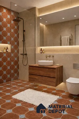 Modern bathroom with terracotta patterned floor and wall tiles and walnut wood vanity