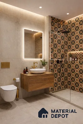 Modern bathroom with beige stone tiles, patterned moroccan highlighter wall tiles, and wooden floating vanity