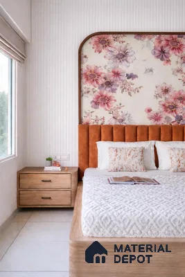Scandinavian bedroom with floral wallpaper, suede upholstered headboard, and light oak wood bed