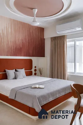 Modern bedroom with terracotta suede upholstered bed and gradient patterned wallpaper