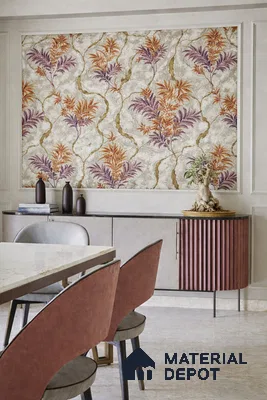 Modern dining room with floral wallpaper, marble dining table, and suede upholstered chairs