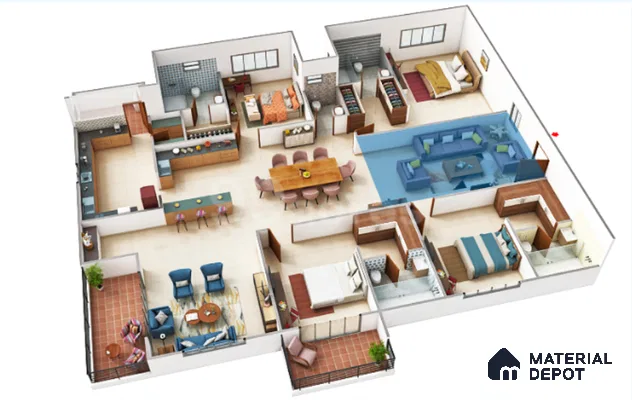 Modern living room with blue sectional sofa, beige floor tiles, and wooden laminate TV unit