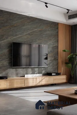 Modern living room with stone-look TV wall panel and light oak laminate floating cabinet