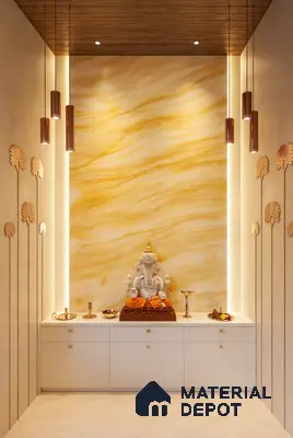 Modern pooja room with yellow onyx marble accent wall, frosty white laminate cabinetry, and wooden ceiling