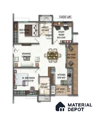 Modern 2BHK apartment floor plan with open dining, balcony, and utility space
