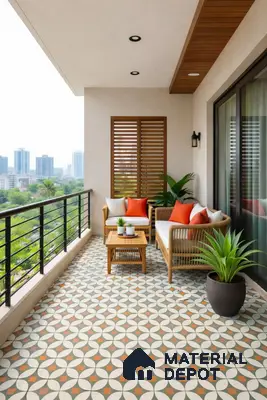 Modern balcony with geometric patterned floor tiles and wooden louver ceiling accent