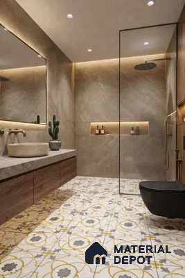 Modern bathroom with beige stone wall tiles, patterned yellow and grey floor tiles, and wood laminate vanity