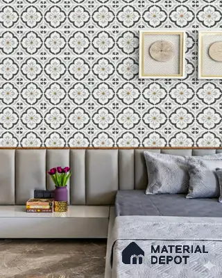 Modern bedroom with floral patterned wallpaper, grey suede upholstered headboard, and marble floor tile