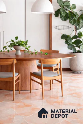 Mid-century modern dining room with walnut wood dining set and peach marble floor tiles