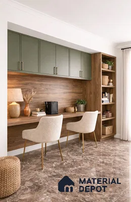 Modern study room with olive green laminate cabinets, walnut wood laminate desk, and brown marble floor tiles