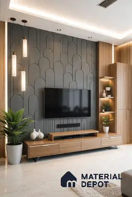 Modern TV unit with walnut wood laminate, geometric grey wall panel, and marble floor tile