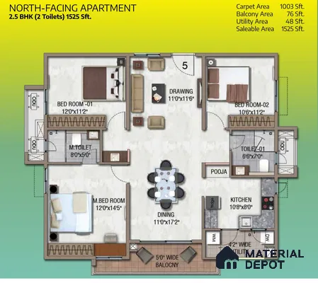 Modern apartment floor plan with marble-look floor tiles and wood laminate wardrobes