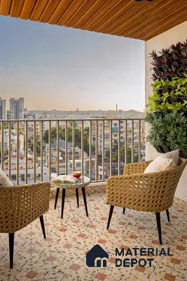 Mediterranean balcony with patterned floor tiles, wooden louver ceiling, and vertical garden