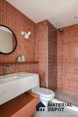 Modern bathroom with terracotta kitkat wall tiles and marble countertop