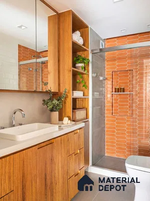 Modern bathroom with terracotta geometric wall tiles and natural wood laminate vanity