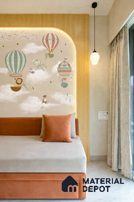 Scandinavian kids room with pastel animal wallpaper, suede upholstery, and fluted wood panel accent wall