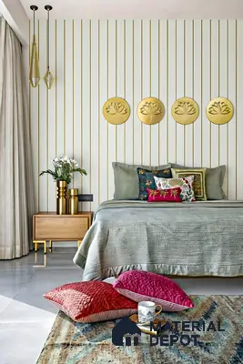 Modern bedroom with gold accent vertical wall panels and light grey flooring
