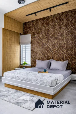 Modern bedroom with geometric patterned wall panel and light oak wood laminate ceiling