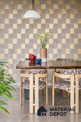 Mid-century modern dining room with checkered textured wall tiles and natural wood dining set