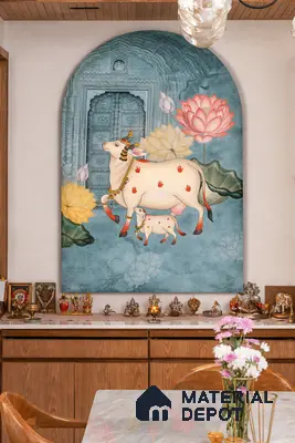 Traditional pooja room with pichwai wallpaper, white marble countertop, and natural wood laminate cabinetry