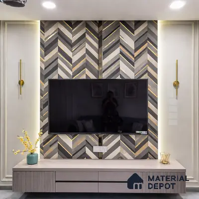 Modern TV unit with chevron patterned stone laminate and fluted cabinet
