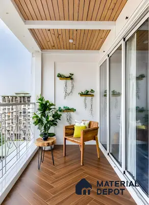 Scandinavian balcony with herringbone wood-look floor tiles and natural wood ceiling panels in 3 BHK apartment Apoorva Meadows Yelahanka Bengaluru