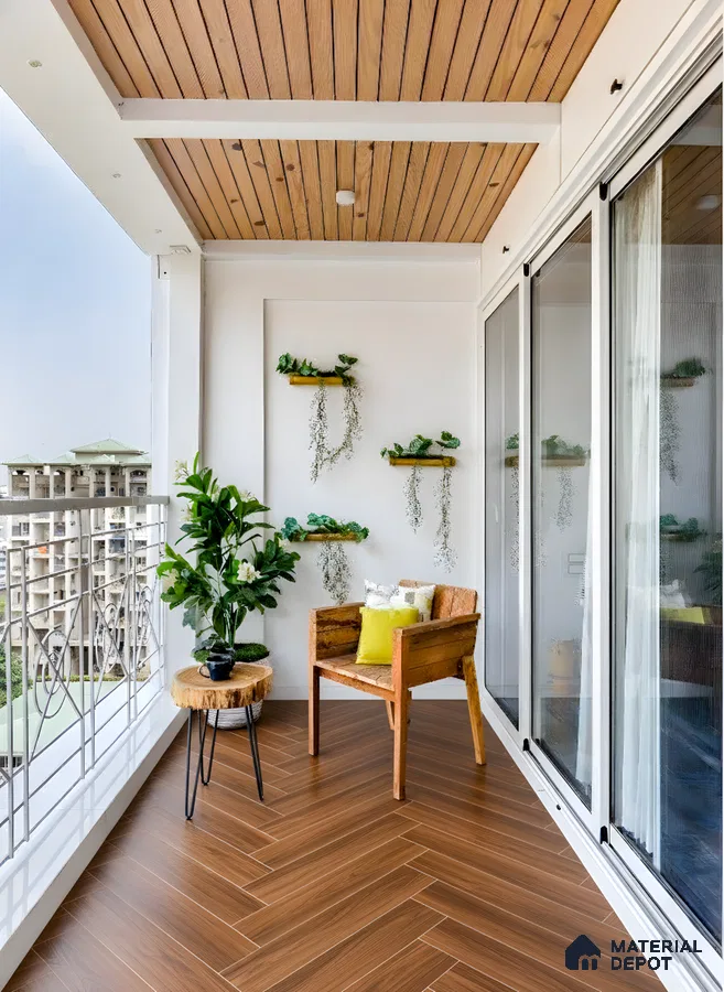 Scandinavian balcony with herringbone wood-look floor tiles and natural wood ceiling panels in 3 BHK apartment Apoorva Meadows Yelahanka Bengaluru